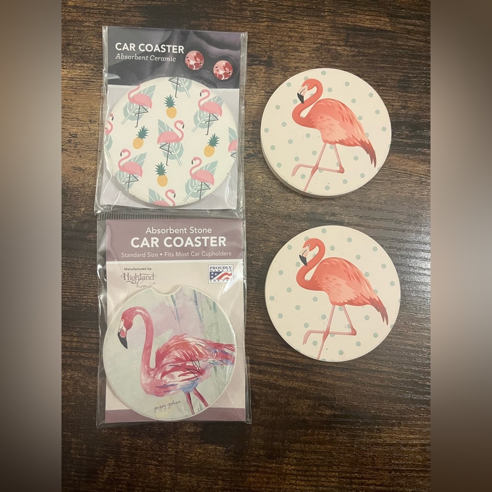 Four Flamingo Car Coasters. Never Used. Two Still in Packages.